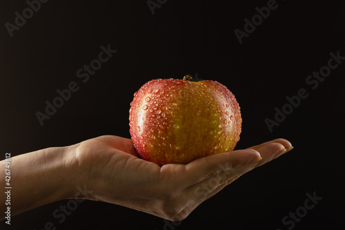 A woman hand holds a fresh red apple with water drops on a black background.