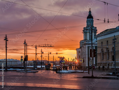 Palace Bridge, St. Petersburg, Russia January 14, 2015. View of the University Embankment and the Kunstkamera in St. Petersburg.