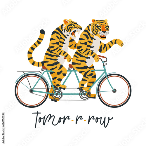 The tigers ride a tandem bike. Vector illustration on a white background. Children card, sticker, party invitation, print for teenager clothes.