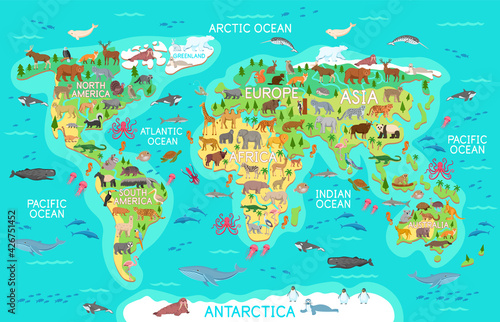 The vector world map with flat cartoon wild animals for kids.South America,Asia,Europe,North America,Africa,Australia,Atlantic Ocean,Indian Ocean,Pacific Ocean,Arctic Ocean with different animals.