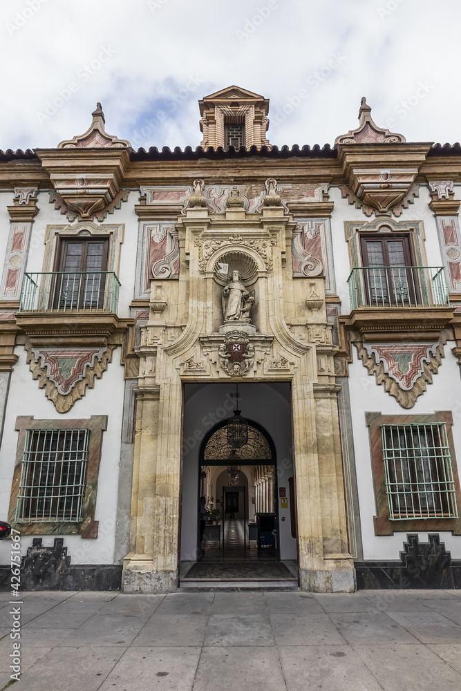 Architectural fragments of Baroque Palacio de la Merced in Cordoba Plaza de Colon. Palacio de la Merced built in XVIII century; it was monastery of Mercedarian monks. Andalusia, Cordoba, Spain.