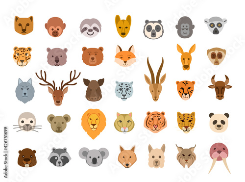 Collection of cute animal faces. Big set of cute animal heads. Vector cartoon characters.  