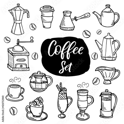 Coffee doodles icons set. French press, cup of coffee, latte, cappuchino, espresso, grinder, pots, coffee beans, creamer, etc.