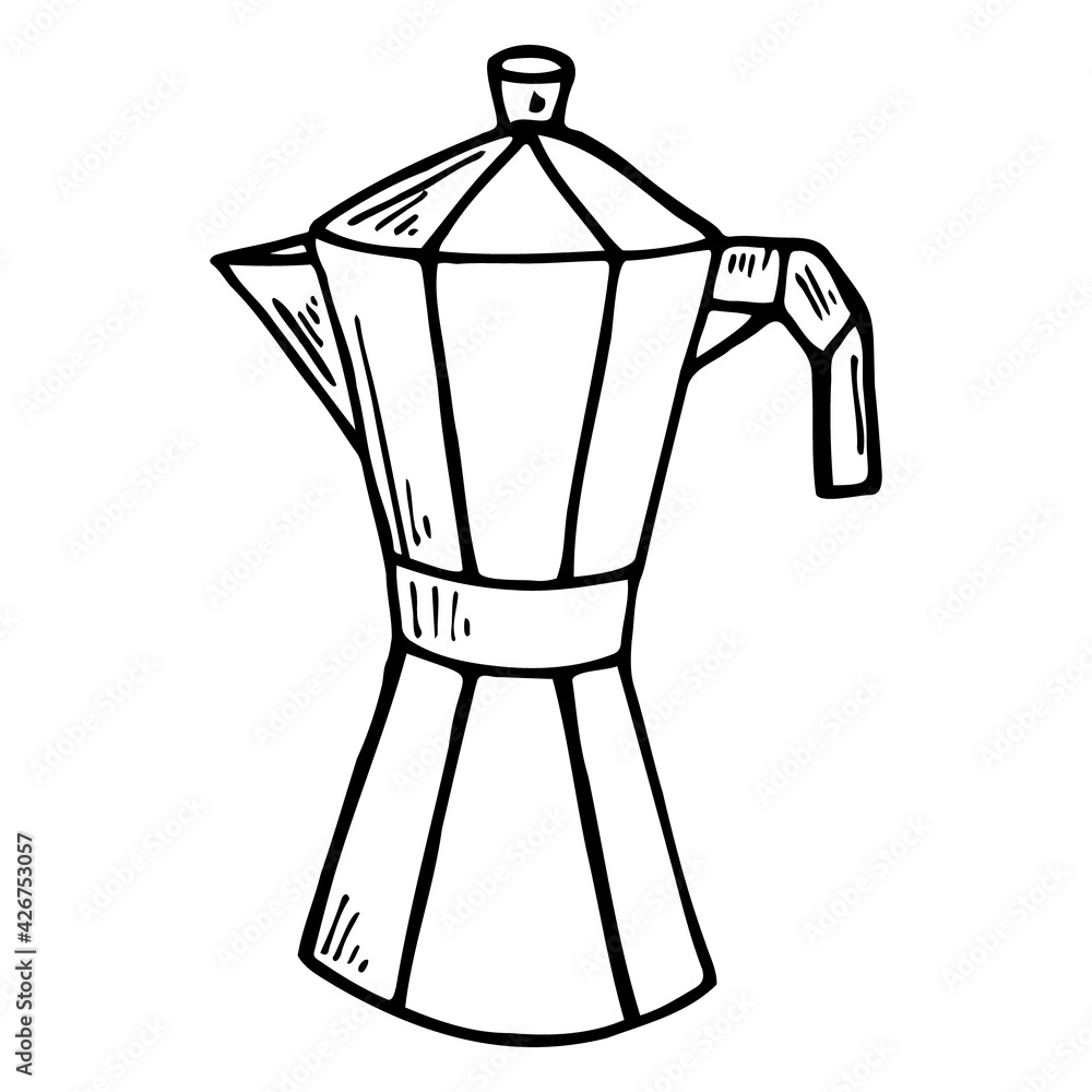 Coffee kettle hand drawn vector doodle illustration. Cartoon coffee pot. Isolated on white background. Coffee time. Hand drawn simple element Coffee kettle hand drawn vector doodle illustration. Cartoon coffee pot. Isolated on white background. Coffee time. Hand drawn simple element