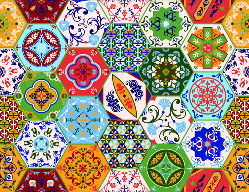 Azulejos portugal. Turkish ornament. Moroccan tile mosaic. Ceramic tableware, folk print. Spanish pottery. Ethnic background. Mediterranean seamless wallpaper. Portuguese hexagonal tiles. Patchwork.
