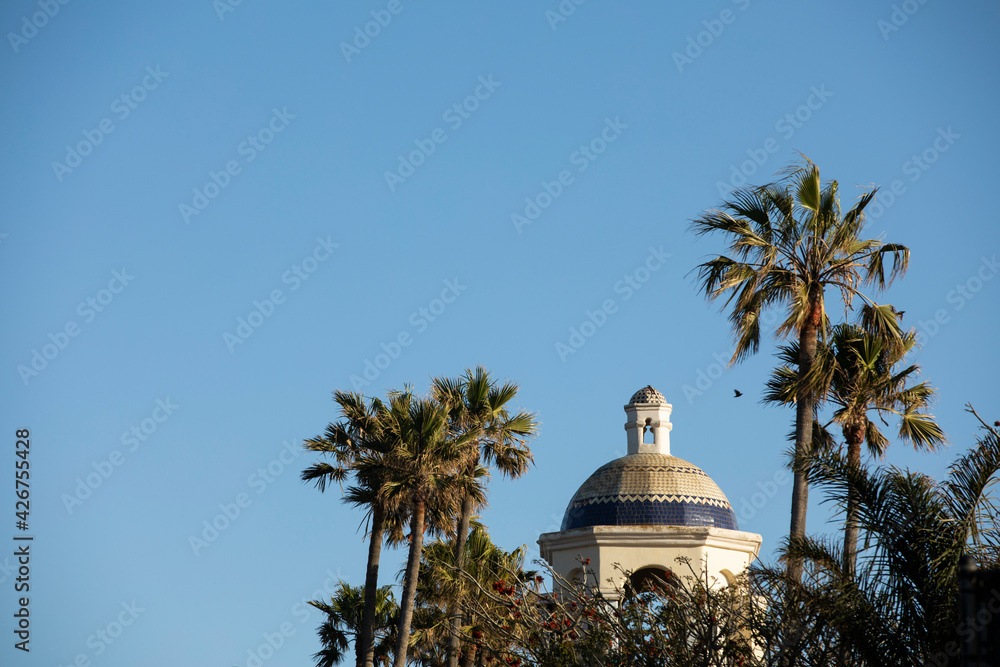 Birds fly by palm trees and historic architecture in Oxnard, California, USA.