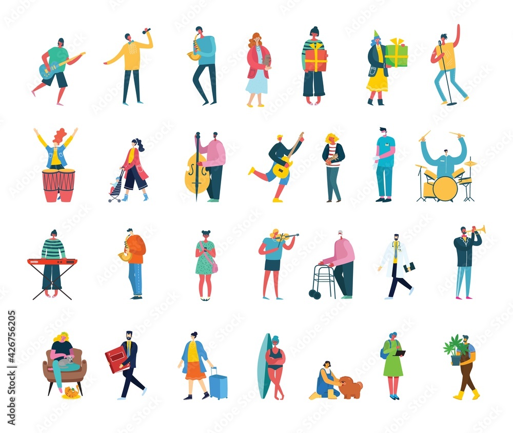 Set of people, men and women with different signs. Vector graphic objects for collages and illustrations.