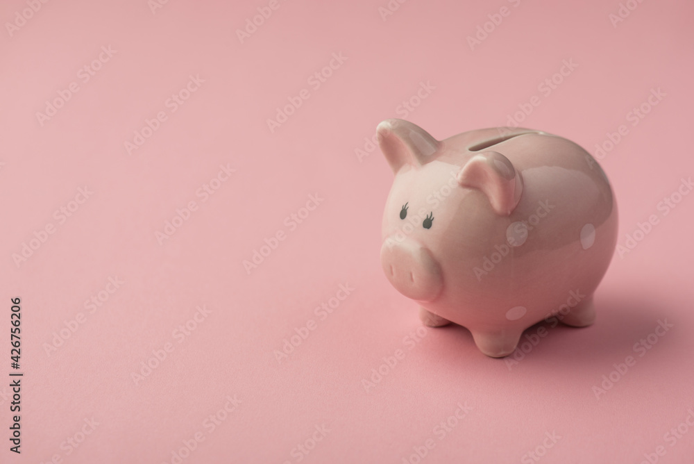 Closeup photo of piggy bank on isolated pink background with copyspace