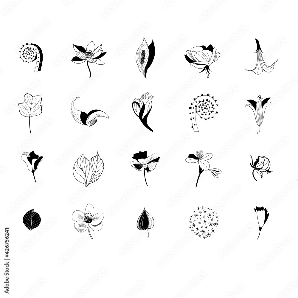 Set of graphic icons of flowers and plants Set of graphic icons of flowers and plants
