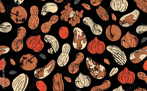Vector Seamless Pattern with Various Nuts and Seeds. Texture with almonds, ha...