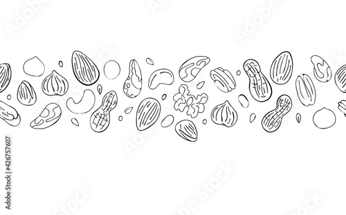  Vector Seamless Horizontal Pattern with Various Nuts and Seeds. Texture with almonds, hazelnut, walnut, peanut, cashew,  pistachio on white background.