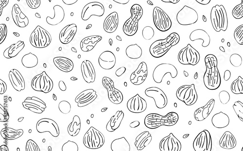  Vector Seamless Pattern with Various Nuts and Seeds. Texture with almonds, hazelnut, walnut, peanut, cashew, pistachio on white background.