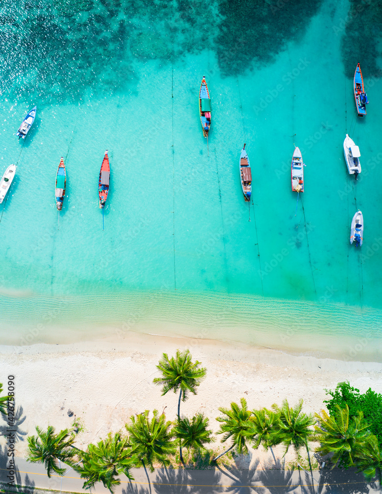 Aerial view of tropical beach and longtail boats