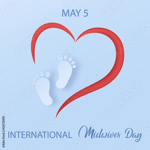 Midwives day, 5 may. Baby feet silhouette on red heart background. International Day of the Midwife greeting cards, poster, banner, flyer Vector illustration in 3d paper cut style.