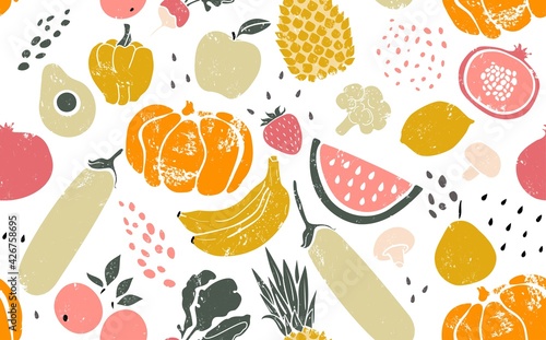 Seamless Creative Pattern with Fruits, Vegetables and Seeds. Healthy Food Background isolated on white. Super food. Vector illustration.