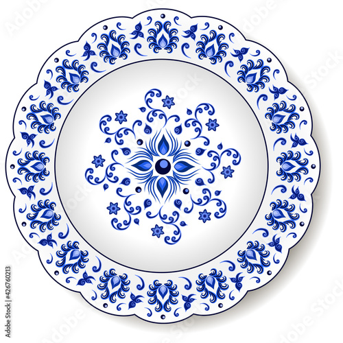 Porcelain plate with blue on white abstract oriental ornament in  Chinese design style. Traditional decorative pattern with flowers and leaves. Isolated plate or dish, vector illustration