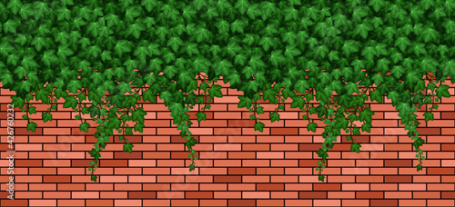 Ivy leaves on brick wall.  Summer green ivy foliage overgrown on red brick wall of building or fence. Seamless pattern, repeat texture, cartoon background. Vector illustration.