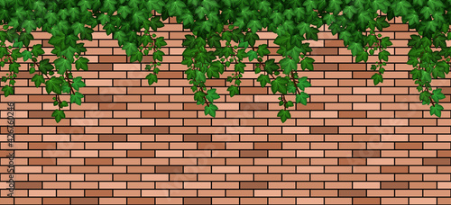 Ivy leaves on brick wall.  Summer green ivy foliage overgrown on red brick wall of building or fence. Seamless pattern, repeat texture, cartoon background. Vector illustration.
