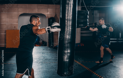 Focused boxer fighter training with punching bag