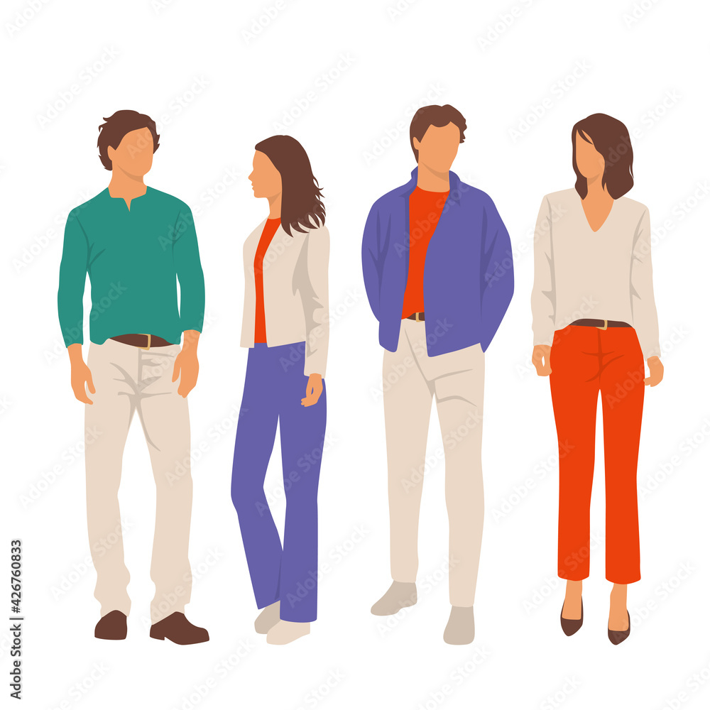 Fototapeta premium Set of young men and women, different colors, cartoon character, group of silhouettes of standing business people, students, the design concept of flat icon, isolated on white background