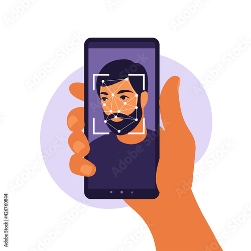 Facial recognition system concept. Face ID, face recognition system. Facial biometric identification system scanning on smartphone. Mobile app for face recognition. Vector illustration