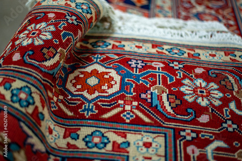 Beautiful oriental patterns and ornaments on a Persian rug in Iran