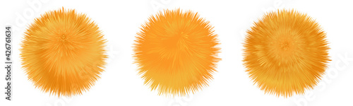 Fur pompom. Fluffy furry orange balls. Shaggy downy texture. Set of isolated icons. Vector illustration
