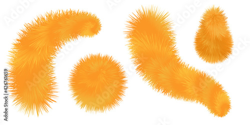 Furry fox brush, orange pompoms and balls. Fluffy  fur texture. Set of isolated elements on white background. Vector illustration