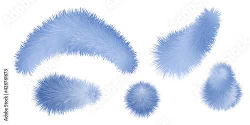 Fur blue pompom and brush set. Fluffy furry texture, set of various shapes isolated on white background. Vector illustration