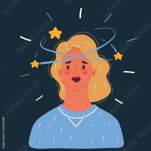 Illustration of woman had dizziness on dark backround.