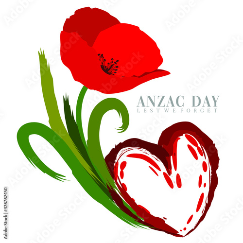 An abstract illustration for Anzac Day or Australian and New Zealand Army Corps with a single poppy flower on a white isolated background