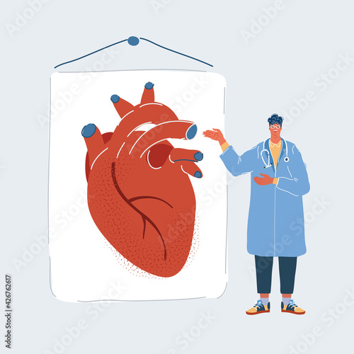 Illustration of doctor gives a lecture on cardiovascular diseases on white backround. Work of the heart