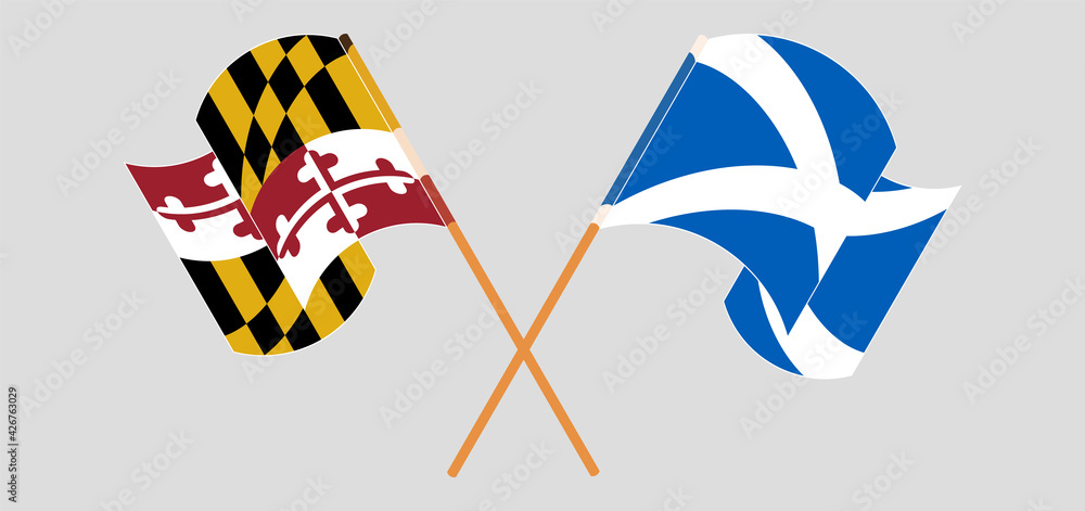 Crossed and waving flags of the State of Maryland and Scotland Crossed and waving flags of the State of Maryland and Scotland