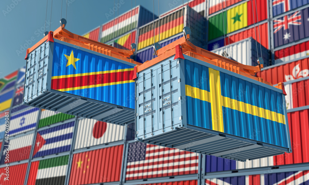 Freight containers with Democratic Republic of the Kongo and Sweden national flags. 3D Rendering 