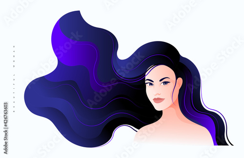 Portrait of a woman with flowing purple hair on a white background, vector illustration