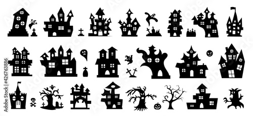 Set of halloween icons. Halloween haunted house isolated on a white background. Vector illustration