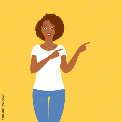Emotions. Pretty young adult black woman in casual clothes with hair in Afro style.