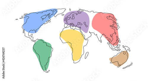 World map line art. Hand drawn continents.One line style world earth .Europe, America, Asia, Australia, Africa.Planet Earth simple graphic style,map contour.Vector isolated on white background.