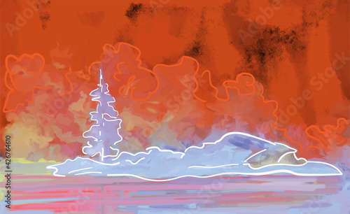 Vector illustration, impressionism - small lake island with fir-tree in a lake on background of wild forest fire, furious fire flames, dense smoke, silver ash on the land, red sky, water reflections 