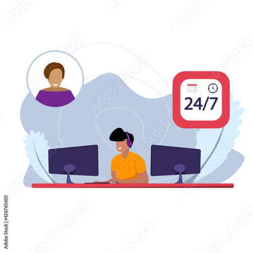 The male operator accepts orders on the Internet. Internet service of global technical support 24/7. 