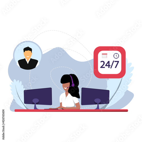 The girl operator accepts orders online. Online global technical support service 24/7. 
