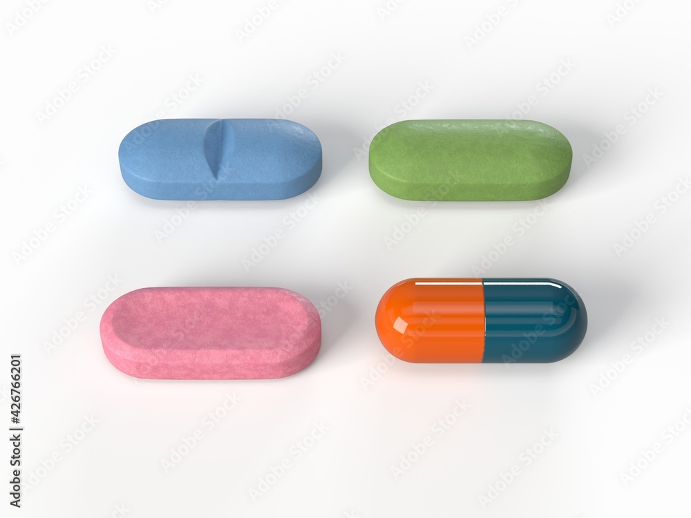 long shaped colorful pills. 3d illustration isolated on white. suitable for medicine, healthcare and bodybuilding supplement themes