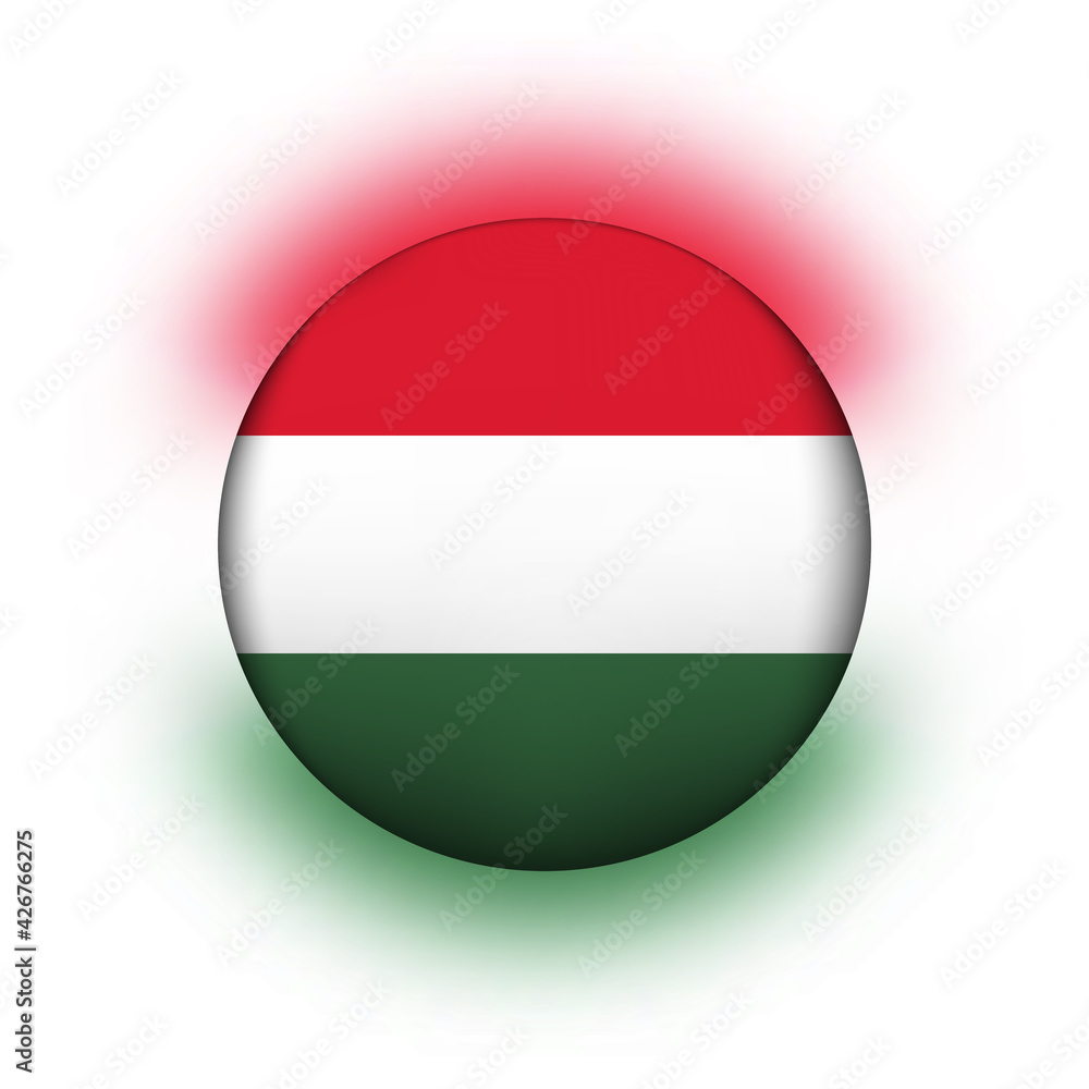 Glass light ball with flag of Hungary. Round sphere, template icon. Hungarian national symbol. Glossy realistic ball, 3D abstract vector illustration highlighted on a white background. Big bubble