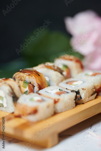 Sushi Rolls on the board beautiful view 
