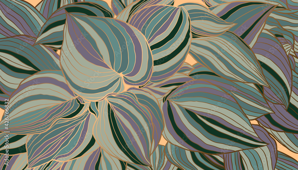 Fototapeta Striped purple green and copper metallic outline leaves hand drawn background vector. Luxury art deco wallpaper design for print, poster, cover, banner, fabric, wrapping.