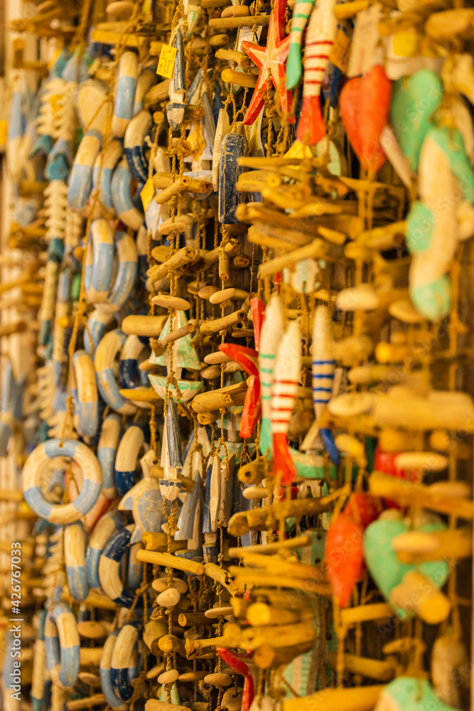 Naklejka premium Wooden handmade toys hanging creating beautiful texture