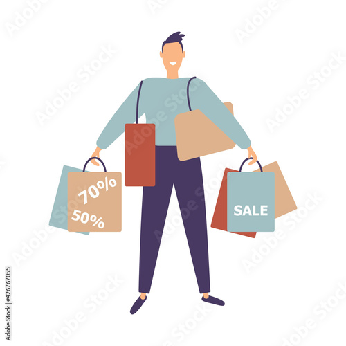 Smiling shopaholic man hold a lot of shopping bags. Happy male enjoy discounts. Guy stand with package during sale time. Positive cartoon male isolated on white background.Vector flat illustration