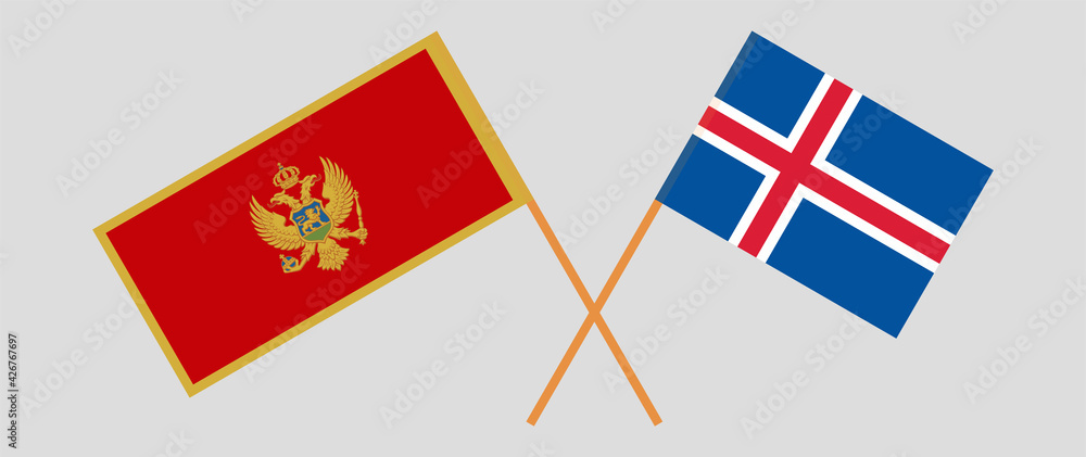 Crossed flags of Montenegro and Iceland. Official colors. Correct proportion