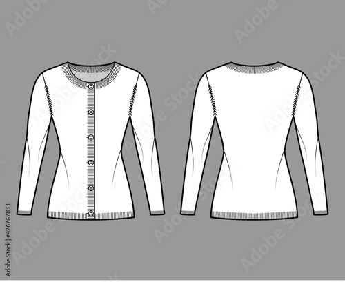 Round neck cardigan sweater technical fashion illustration with long sleeves, fitted body, hip length, knit rib cuff. Flat jumper apparel front, back, white color style. Women, men unisex CAD mockup