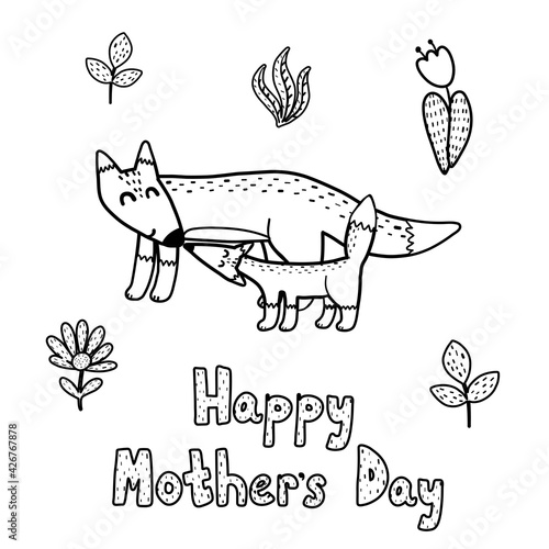 Mommy fox with her baby coloring page. Black and white greeting card for Mothers Day. Vector illustration